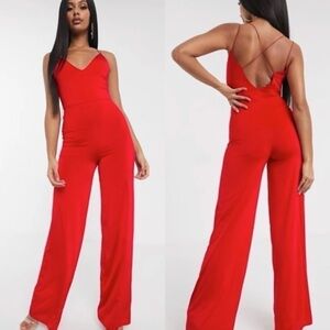 Asos Red Slinky Satin Jumpsuit with Elastic Straps